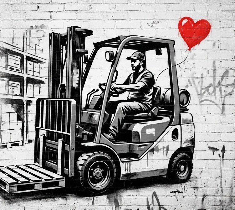 Stencil mural of a forklift driver with a red heart balloon